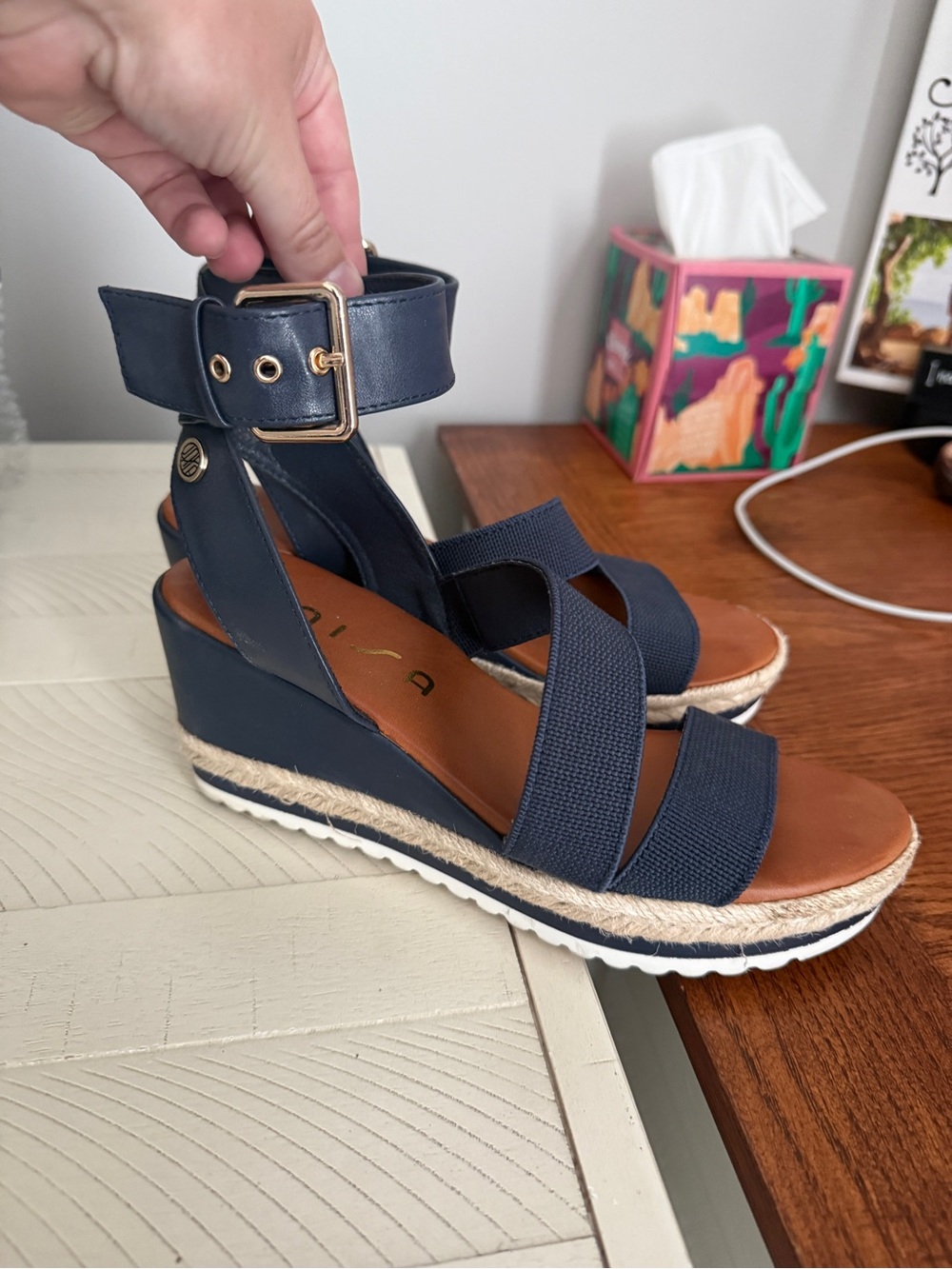 Unisa Navy and Brown Espadrille Wedge Sandals with Ankle Buckle